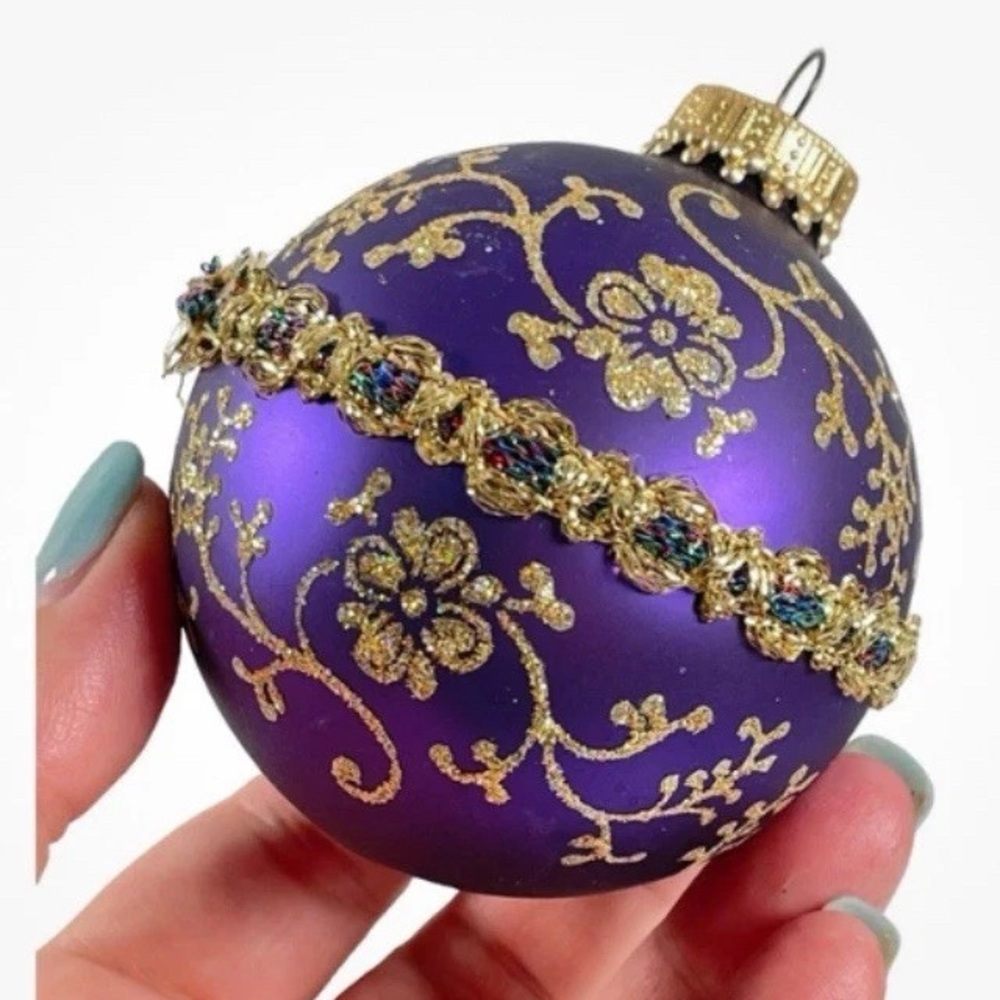 6 Elegant Krebs Purple and Gold Floral Glass Ornaments